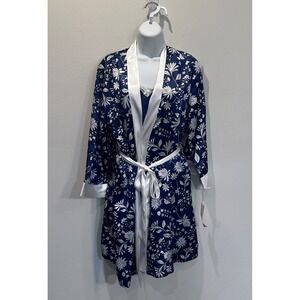 NWT Linea Donatella Navy Floral Satin Robe Kimono and Chemise Set Romantic Sz S
